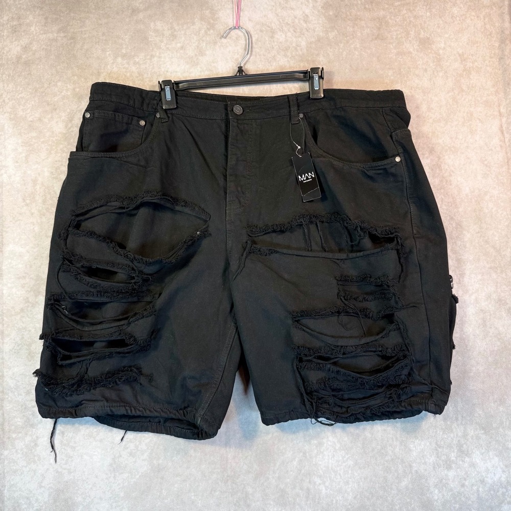 BoohooMAN Denim Shorts Mens 44 Black Distressed Ripped Streetwear Edgy Grunge